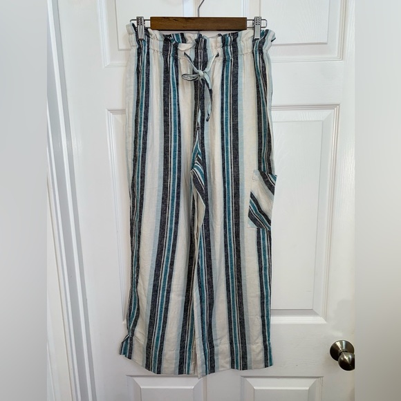 Natural d & co. Linen Striped Cropped Drawstring Coastal Capris size xxs - Picture 2 of 5